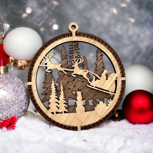 Santa and his sleigh wooden ornament