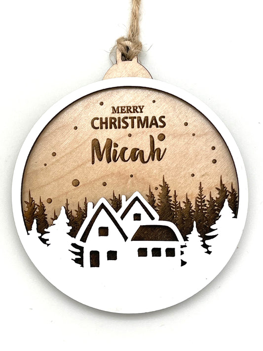 Snowy Cabin Ornament - Customizable